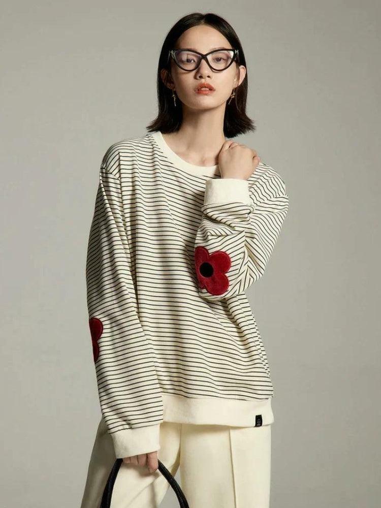 Y2K Fashion Daisy Embroidered Striped Sweatshirt - 2000s Style Essential