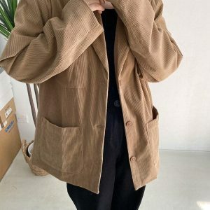 Y2K Fashion Dark Academia Corduroy Long Jacket - 2000s Style Essential