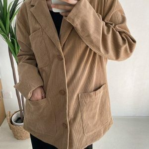 Y2K Fashion Dark Academia Corduroy Long Jacket - 2000s Style Essential