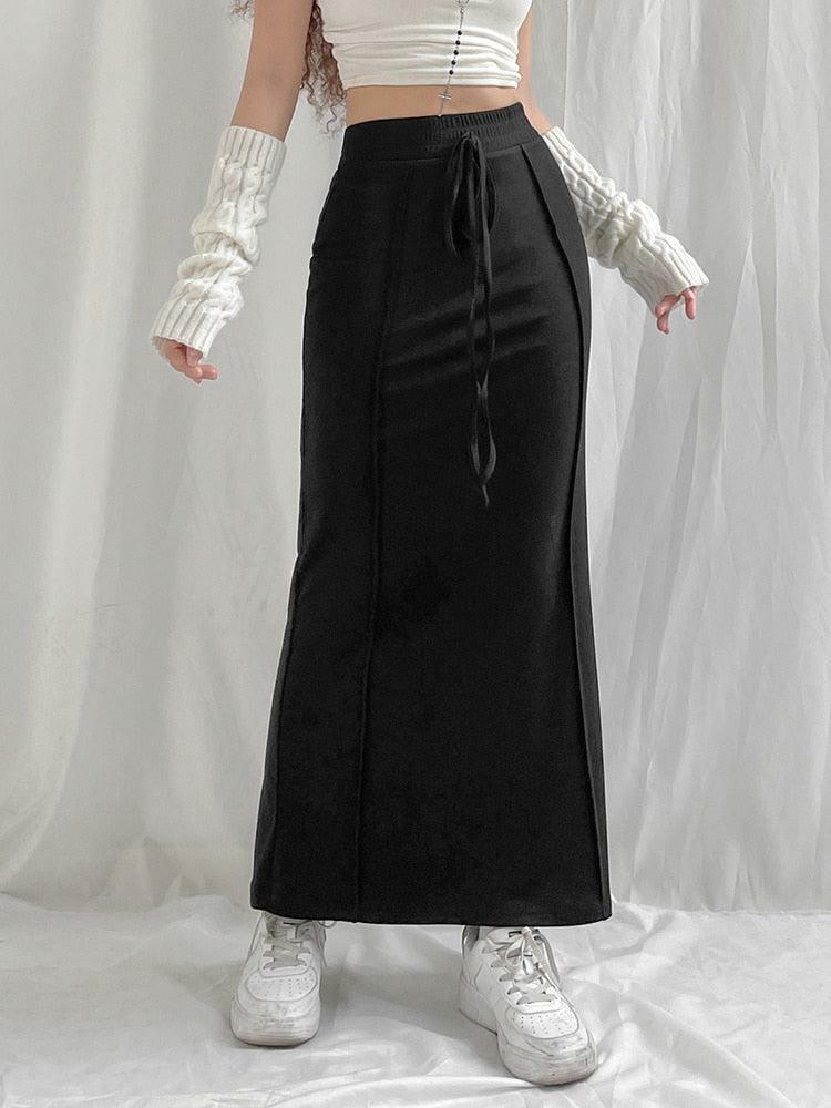 Y2K Fashion Dark Academia Drawstring Maxi Skirt - 2000s Style Essential