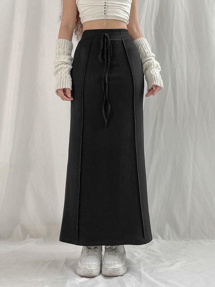 Y2K Fashion Dark Academia Drawstring Maxi Skirt - 2000s Style Essential