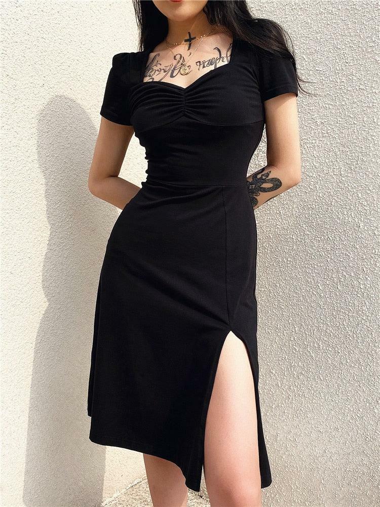 Y2K Fashion Dark Academia Leg Split Midi Dress - 2000s Style Aesthetic