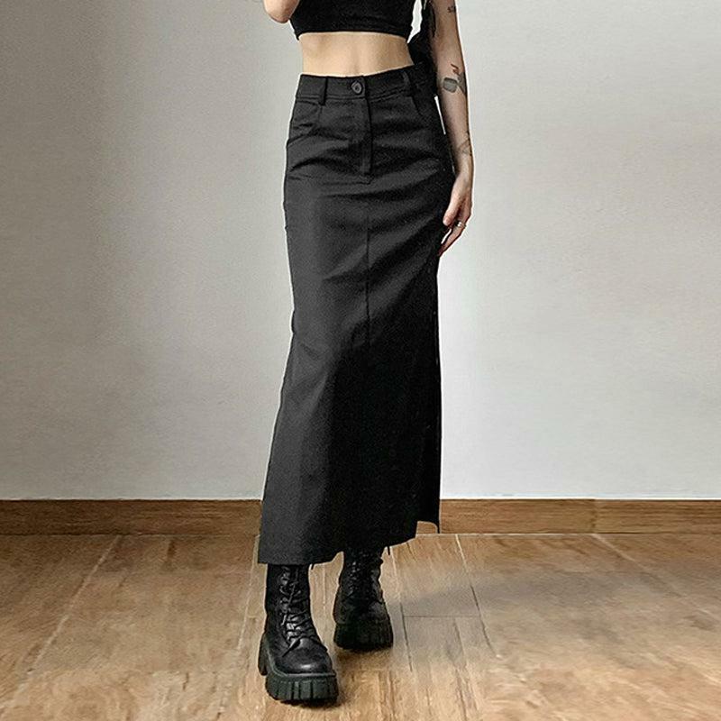 Y2K Fashion Dark Academia Side Slit Maxi Skirt - 2000s Style Essential