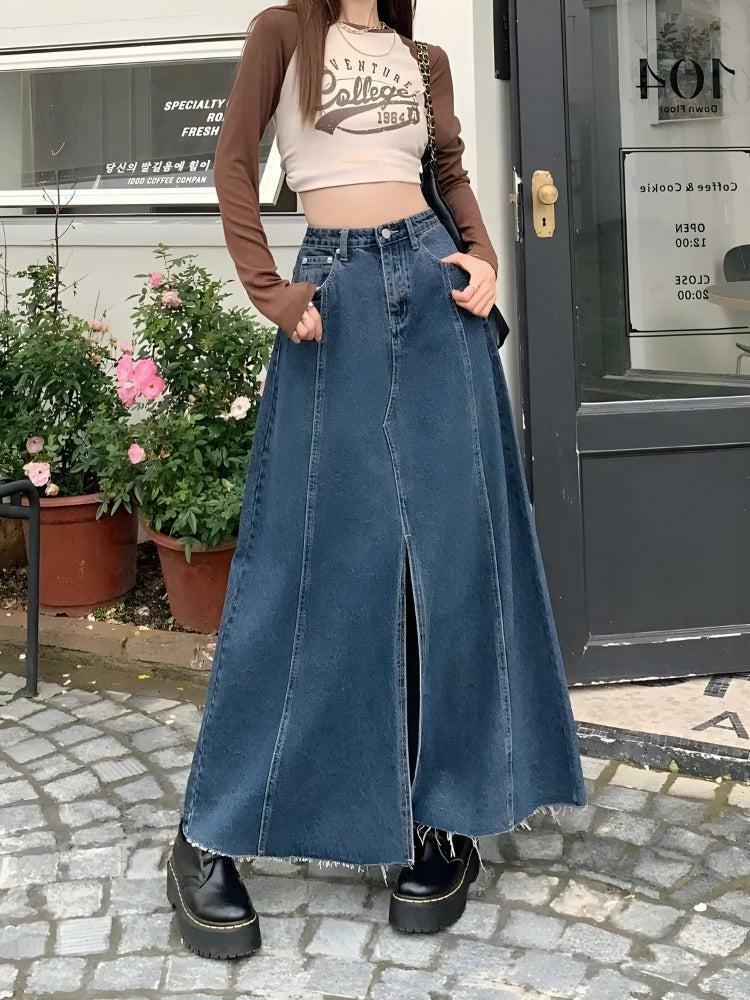 Y2K Fashion Denim Slit Frayed Hem Maxi Skirt - 2000s Style Essential