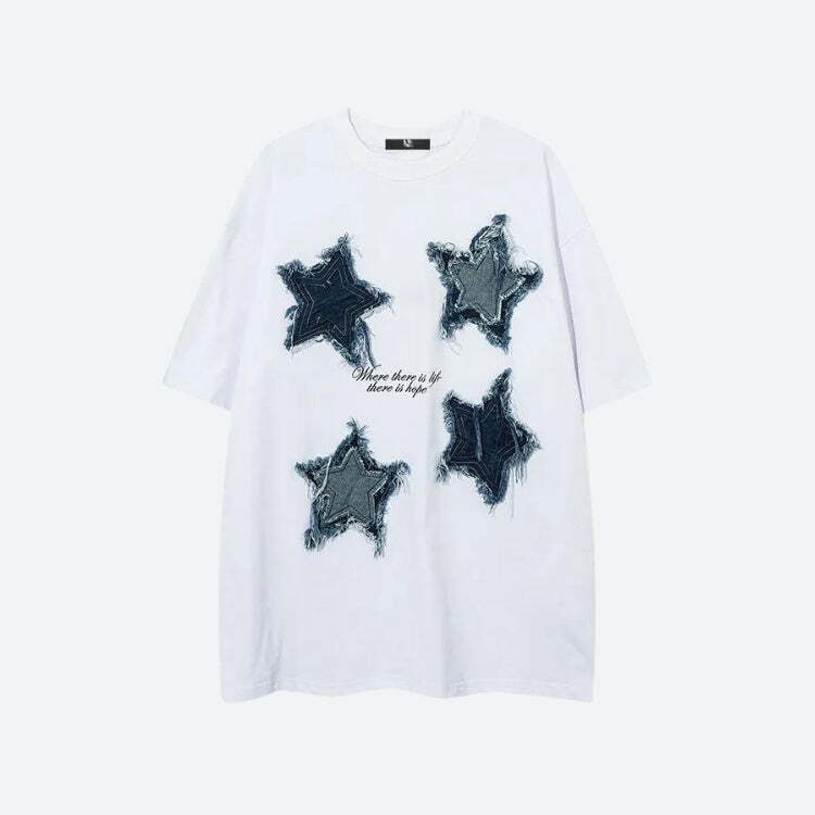 Y2K Fashion Denim Star Patchwork Tee - Retro 2000s Style Top