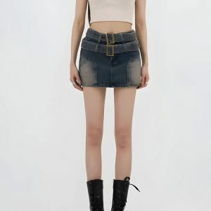 Y2K Fashion Double Belted Denim Mini Skort - Trendy 2000s Style