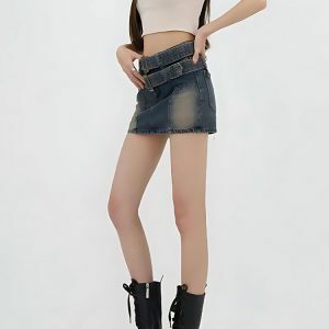 Y2K Fashion Double Belted Denim Mini Skort - Trendy 2000s Style