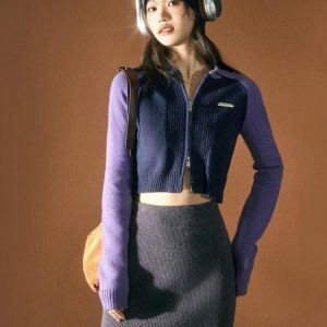 Y2K Fashion Double Zip-Up Crop Cardigan - Trendy 2000s Style Essential