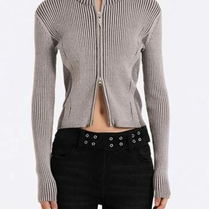 Y2K Fashion Double Zip-Up Distressed Corduroy Cardigan for Trendy Looks