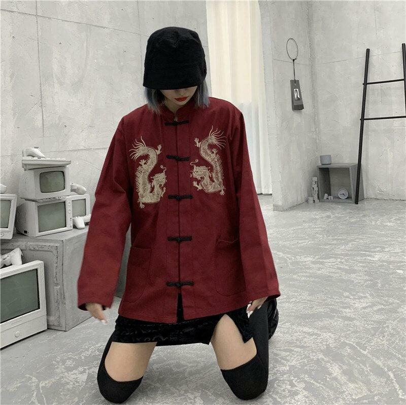 Y2K Fashion Dragon Embroidery Mandarin Collar Shirt - 2000s Style