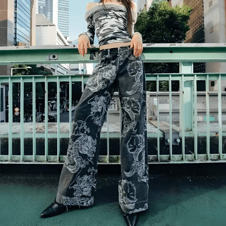 Y2K Fashion Dragon Printed Jeans - Trendy 2000s Style for Unique Looks