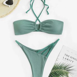 Y2K Fashion Drawstring Halter Tie Bikini Set - 2000s Style Swimwear