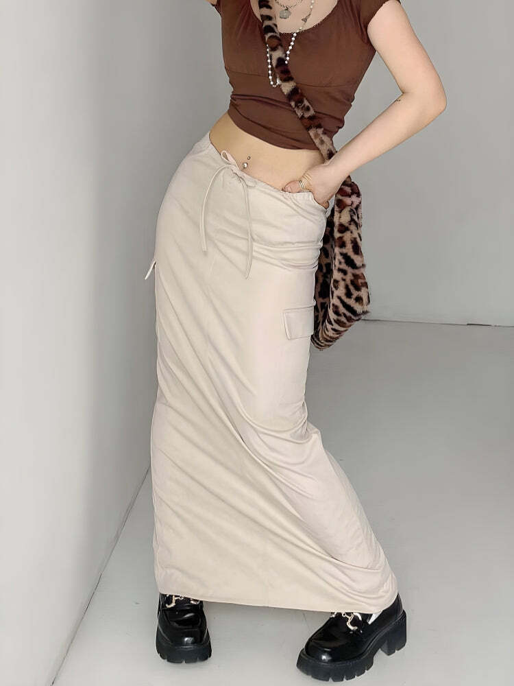 Y2K Fashion Drawstring Waist Parachute Maxi Skirt - 2000s Style Essential