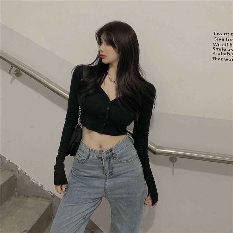 Y2K Fashion Extra Long Sleeves Buttoned Crop Top - 2000s Style Essential