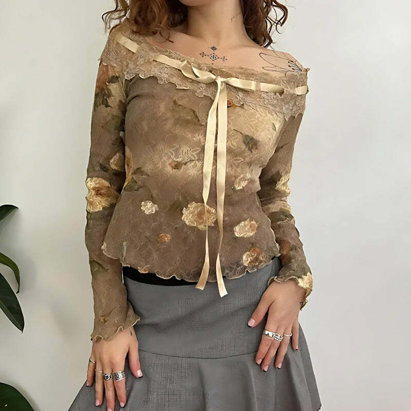 Y2K Fashion Fairy Grunge Floral Off Shoulder Lace Top for Trendy Looks