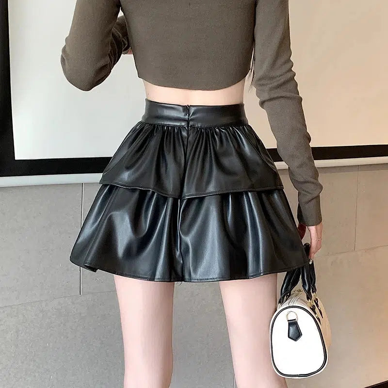 Y2K Fashion Faux Leather A-Line Mini Skirt - 2000s Style Essential