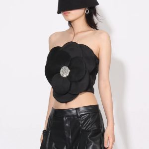 Y2K Fashion Flower Rhinestone Zip-Up Strapless Top for Trendy Looks