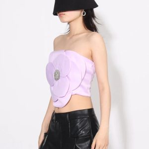 Y2K Fashion Flower Rhinestone Zip-Up Strapless Top for Trendy Looks