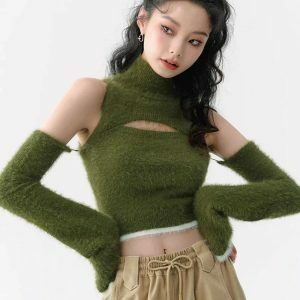 Y2K Fashion Fluffy Crop Sweater Top - Trendy 2000s Style Essential