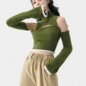 Y2K Fashion Fluffy Crop Sweater Top - Trendy 2000s Style Essential