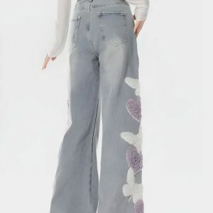 Y2K Fashion Fluffy Heart Butterfly Jeans - Trendy 2000s Style Outfit