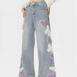 Y2K Fashion Fluffy Heart Butterfly Jeans - Trendy 2000s Style Outfit