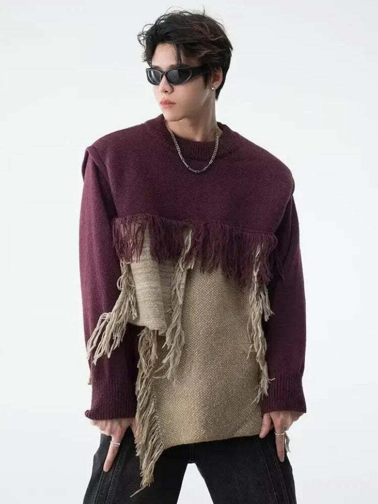 Y2K Fashion Fringe Patchwork Knitted Sweater - Retro 2000s Style