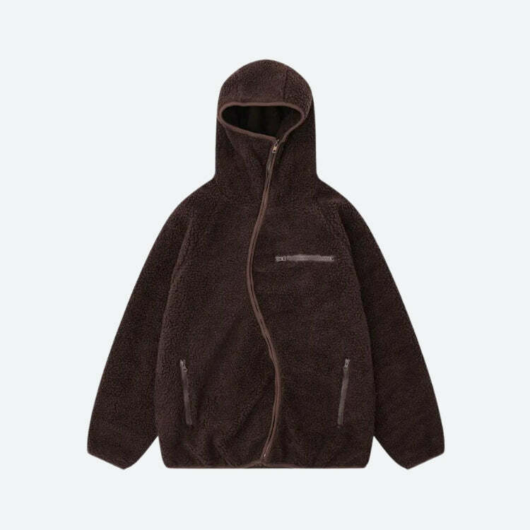 Y2K Fashion Funnel Neck Zip-Up Teddy Hoodie - 2000s Style Essential