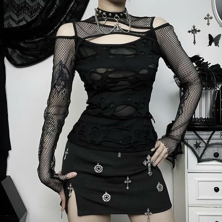 Y2K Fashion Goth Fishnet Ripped Top - Edgy 2000s Style Statement Piece