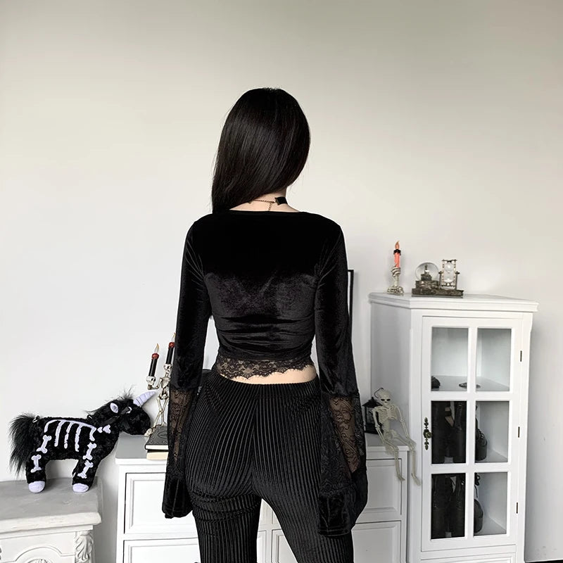 Y2K Fashion Goth Lace Flare Cuffs Crop Top - 2000s Style Aesthetic