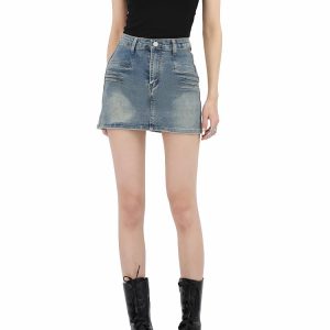 Y2K Fashion Grunge Fake Pocket Denim Mini Skirt - 2000s Style Essential