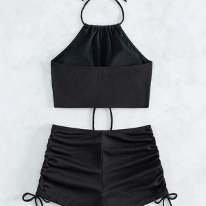 Y2K Fashion Halter Top & Swim Shorts Bikini Set - 2000s Style Outfit