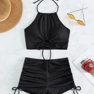 Y2K Fashion Halter Top & Swim Shorts Bikini Set - 2000s Style Outfit