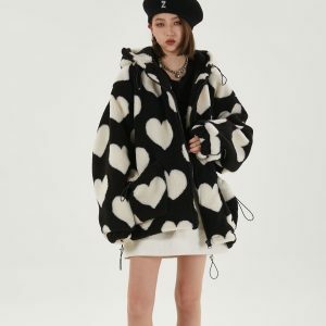 Y2K Fashion Heart Pattern Hooded Jacket - Trendy 2000s Style Outerwear