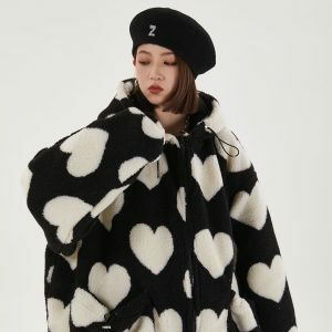 Y2K Fashion Heart Pattern Hooded Jacket - Trendy 2000s Style Outerwear