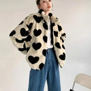 Y2K Fashion Heart Pattern Teddy Jacket - Trendy 2000s Style Outerwear