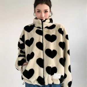 Y2K Fashion Heart Pattern Teddy Jacket - Trendy 2000s Style Outerwear