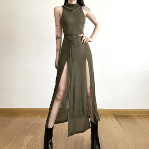 Y2K Fashion Hooded Slit Maxi Dress - Trendy 2000s Style Outfit