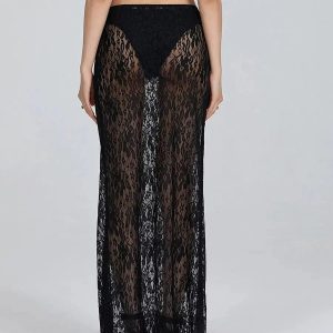 Y2K Fashion Lace Sheer Low Rise Maxi Skirt - 2000s Style Essential