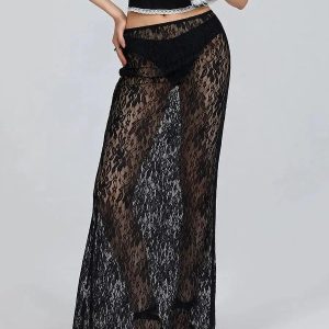 Y2K Fashion Lace Sheer Low Rise Maxi Skirt - 2000s Style Essential