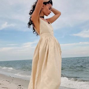 Y2K Fashion Linen Midi Dress - Trendy 2000s Style for Effortless Chic