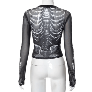 Y2K Fashion Long Sleeve Skeleton Top - 2000s Style Aesthetic Clothing