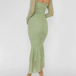 Y2K Fashion Mesh Ruched Bodycon Midi Dress - 2000s Style Aesthetic