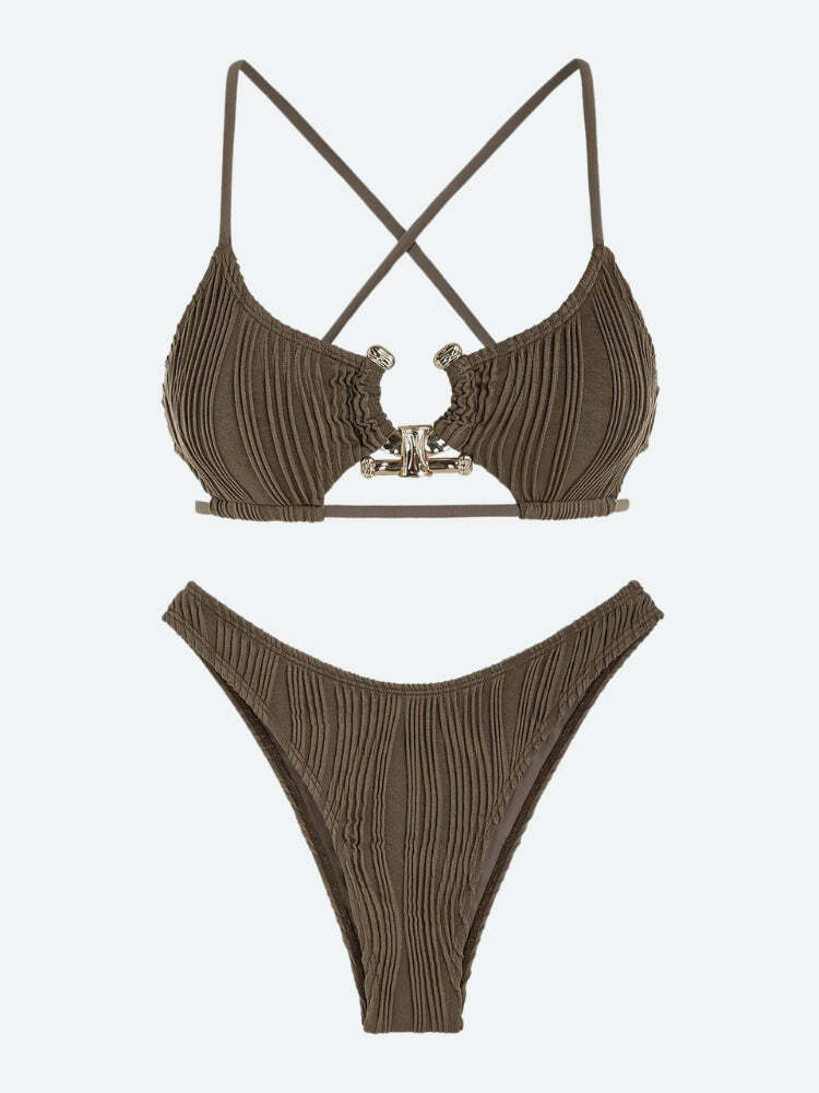 Y2K Fashion Metal Hardware Criss Cross Bikini Set - 2000s Style Swimwear