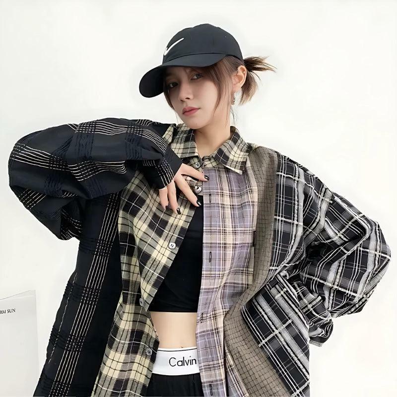 Y2K Fashion Multi-Pattern Plaid Shirt: 2000s Style Essential