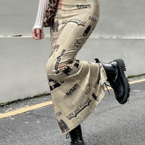 Y2K Fashion Newspaper Printed Maxi Skirt - Trendy 2000s Style