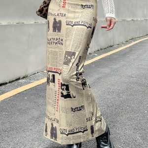 Y2K Fashion Newspaper Printed Maxi Skirt - Trendy 2000s Style