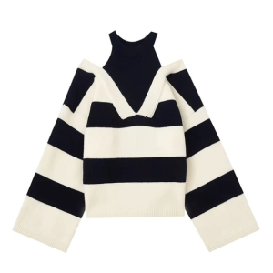 Y2K Fashion Open Shoulder Stripe Sweater - Trendy 2000s Style Top