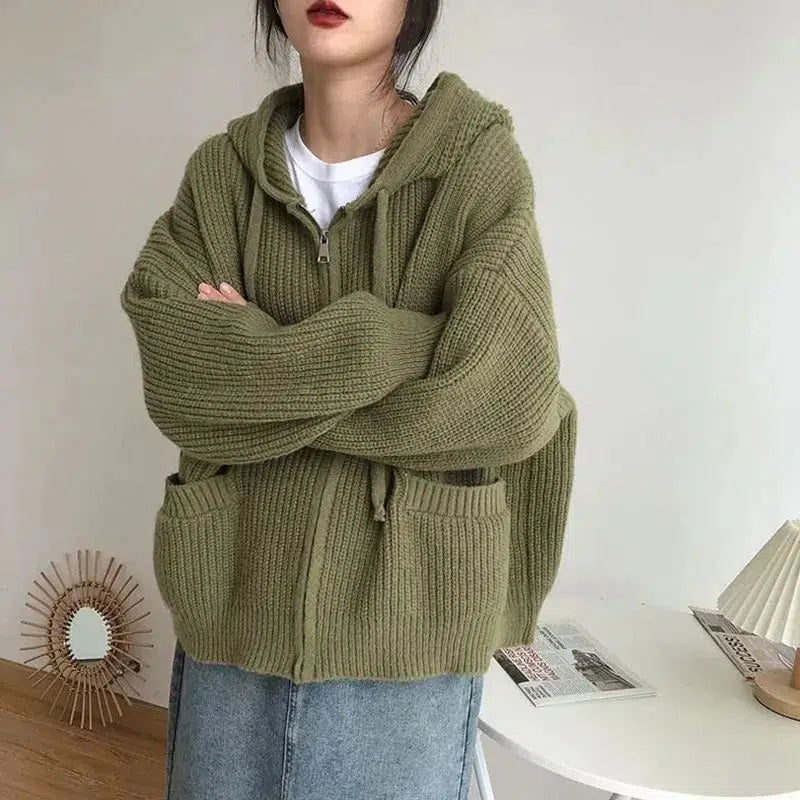 Y2K Fashion Oversized Knitted Hooded Cardigan - 2000s Style Essential