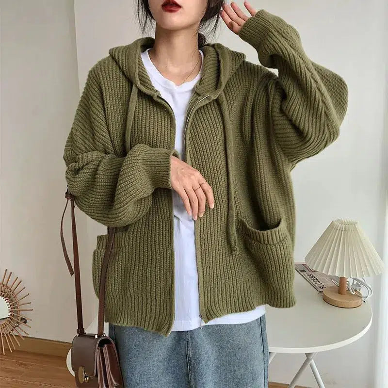 Y2K Fashion Oversized Knitted Hooded Cardigan - 2000s Style Essential